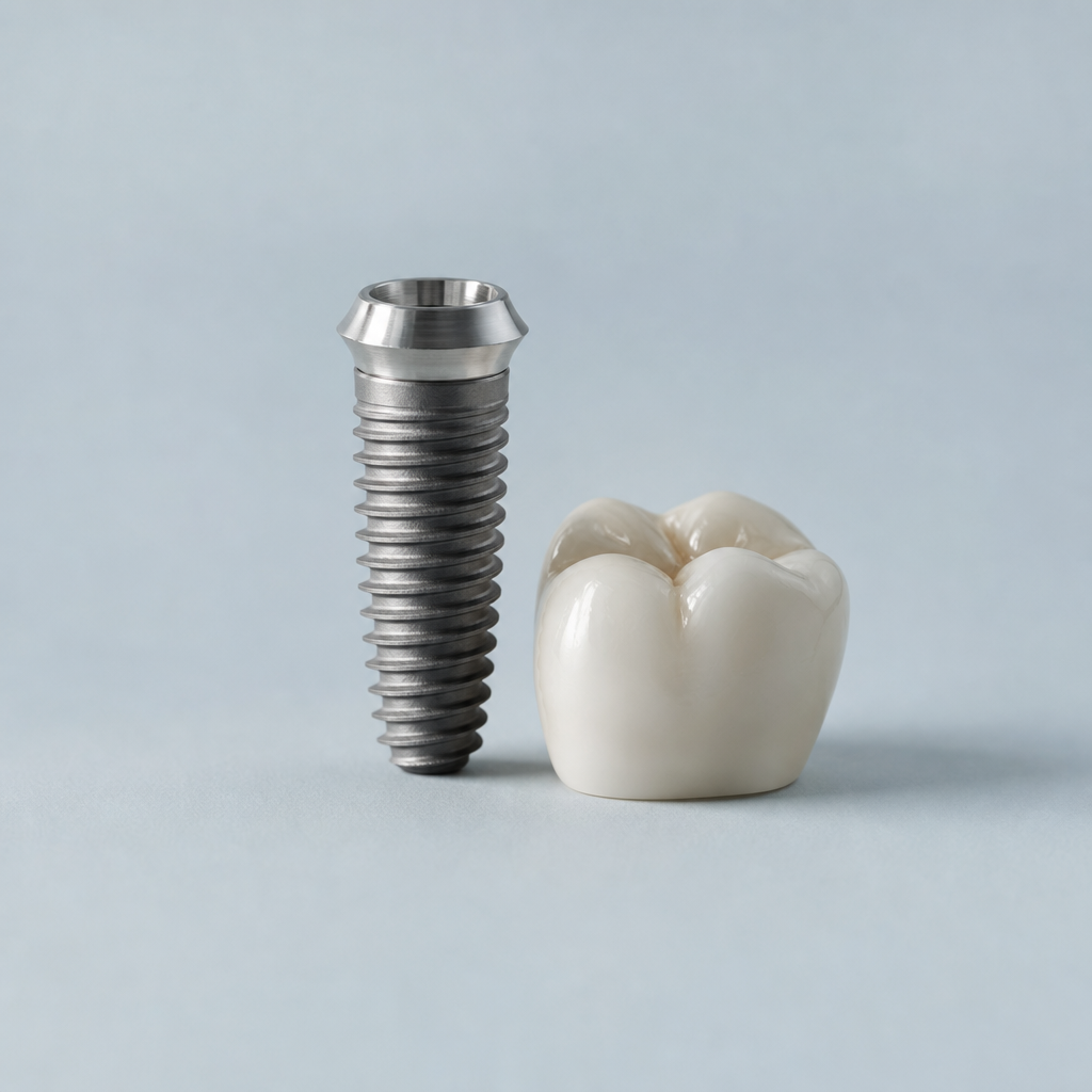 Titaniumimplantat ved siden af en porcelænskrone